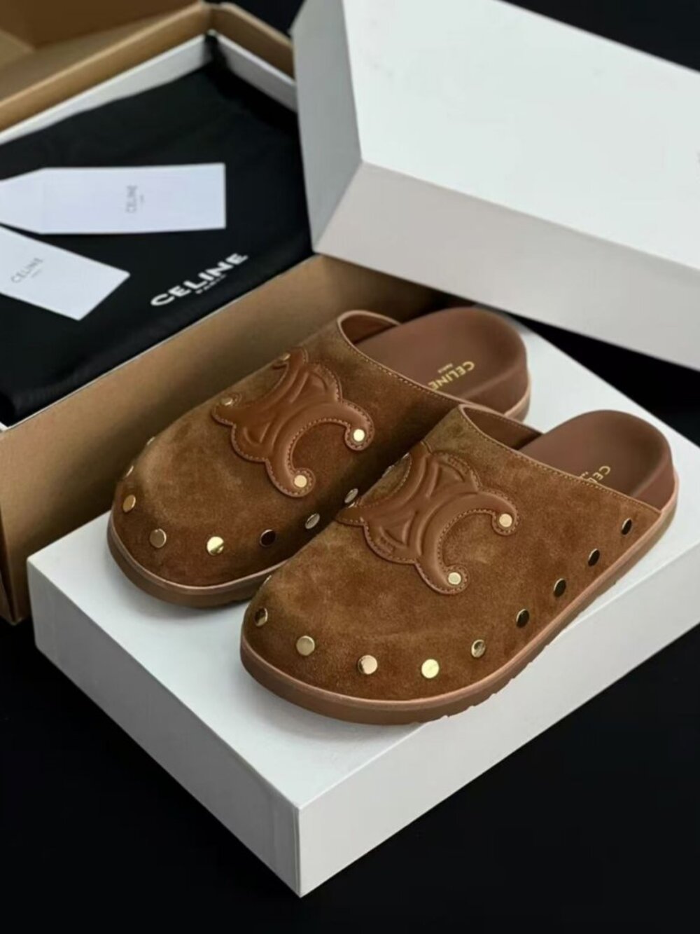 Celine Suede Mule Slides Gold Studs Triomphe